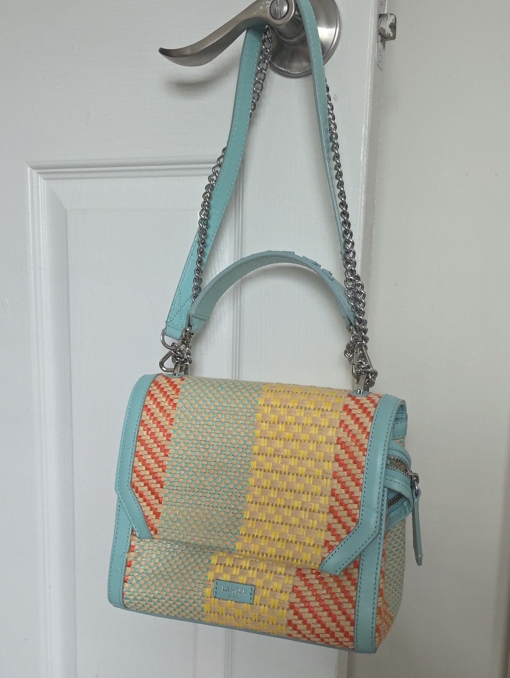 Lancel Ninon Raffia & Leather Flap Bag in this specific multi-colored pastel